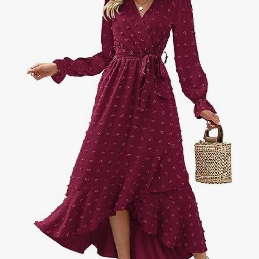 BTFBM Boho Maxi Dress XXL Burgundy Long Sleeve V-Neck Swiss Dot Ruffle Wrap New - Picture 1 of 14